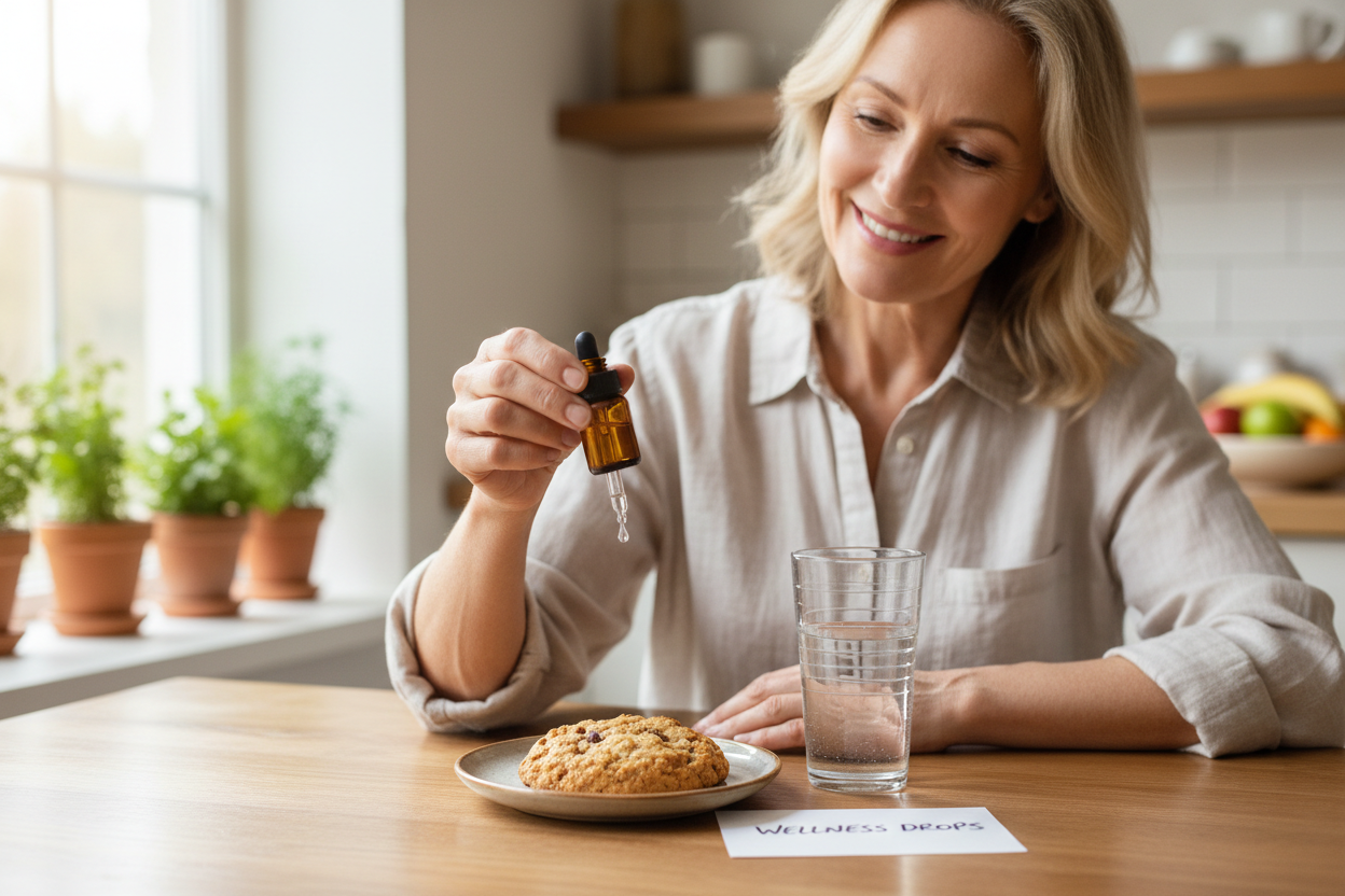 A video of a lady 40-65 using the drops in her water & smiling before she eats the cookie on the table